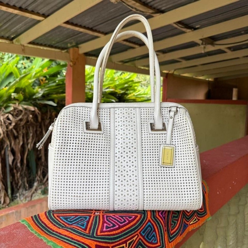 Nine West White Perforated Satchel Bag Faux Leather Shoulder Handbag‎